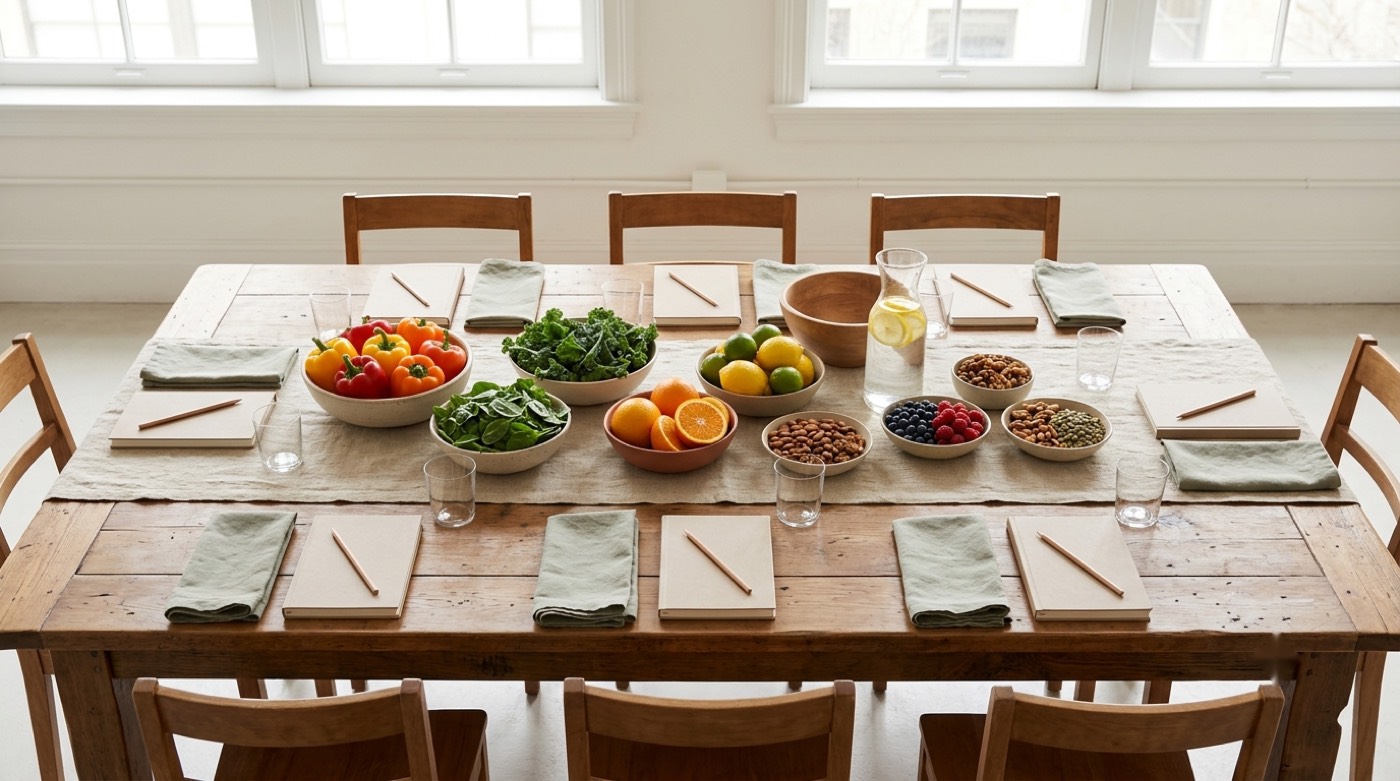 A workshop table set for a group with bowls of fresh produce, notebooks, and infused water