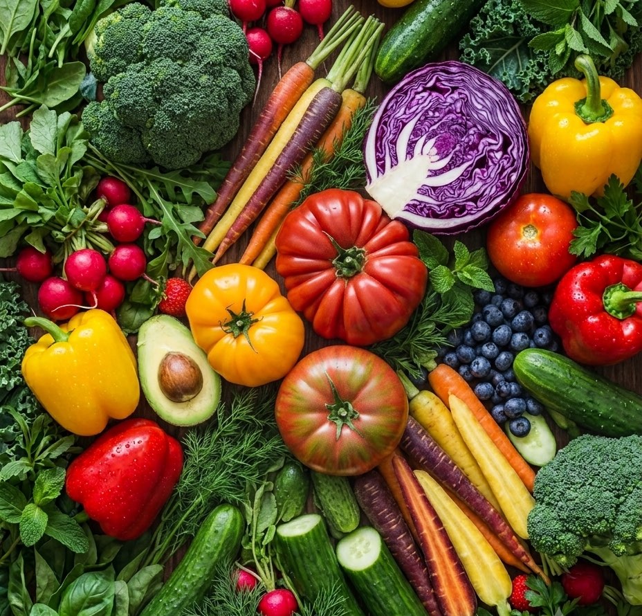 A dense, colorful arrangement of fresh raw vegetables and fruits on dark wood