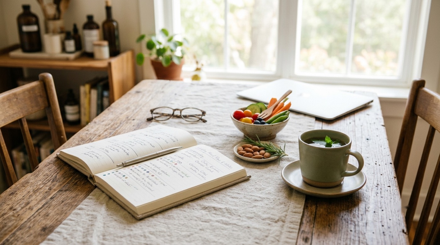 A consultation table set for two with an open meal-plan journal, herbal tea, and a bowl of fresh vegetables