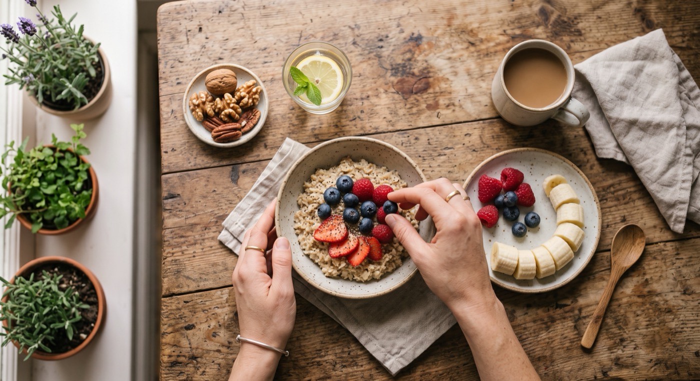 A breakfast table with a bowl of oatmeal topped with fresh berries, nuts, herbs, and tea with lemon