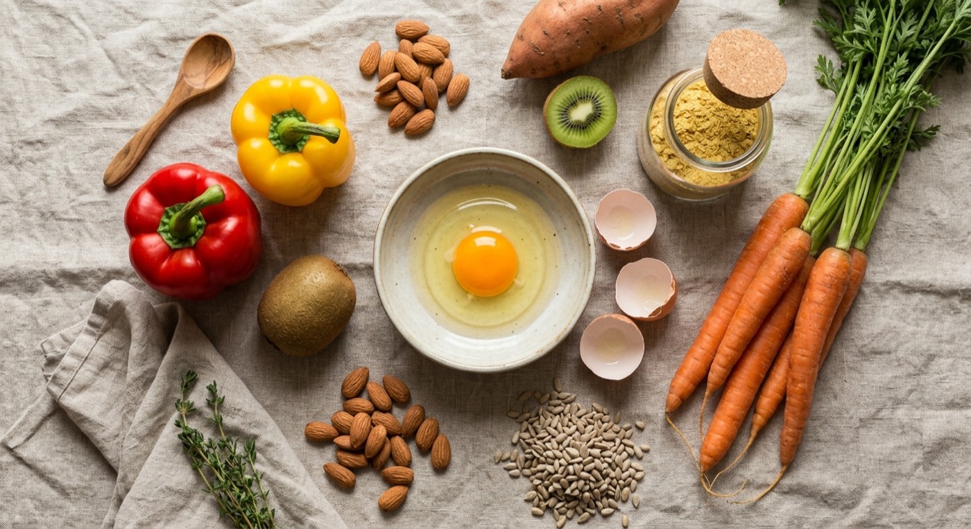 Flat lay of vitamin-rich foods: bell peppers, carrots, almonds, kiwi, an egg yolk, sweet potato, sunflower seeds, and nutritional yeast